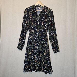 J. Jill Navy Floral Dress Button Front Below Knee Midi Tie Belt Pockets Large